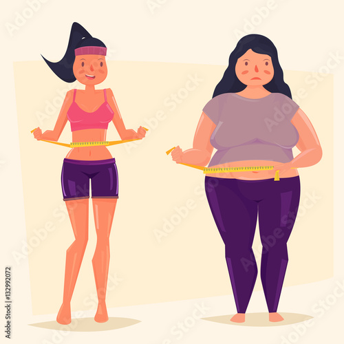 Fat and slim girl measuring waist