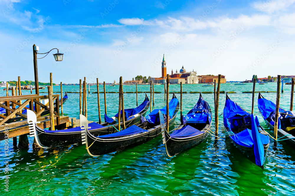 Gondolas moored by St Mark's Square in Venice