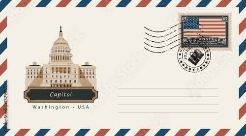 an envelope with a postage stamp with Washington Capitol, and the flag of United States of America
