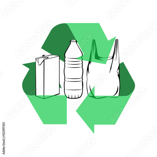 Vector image of plastic bag, carton, and bottle with recycling symbol