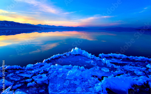 winter ice, sunset, lake, frozen lake, ice, formation