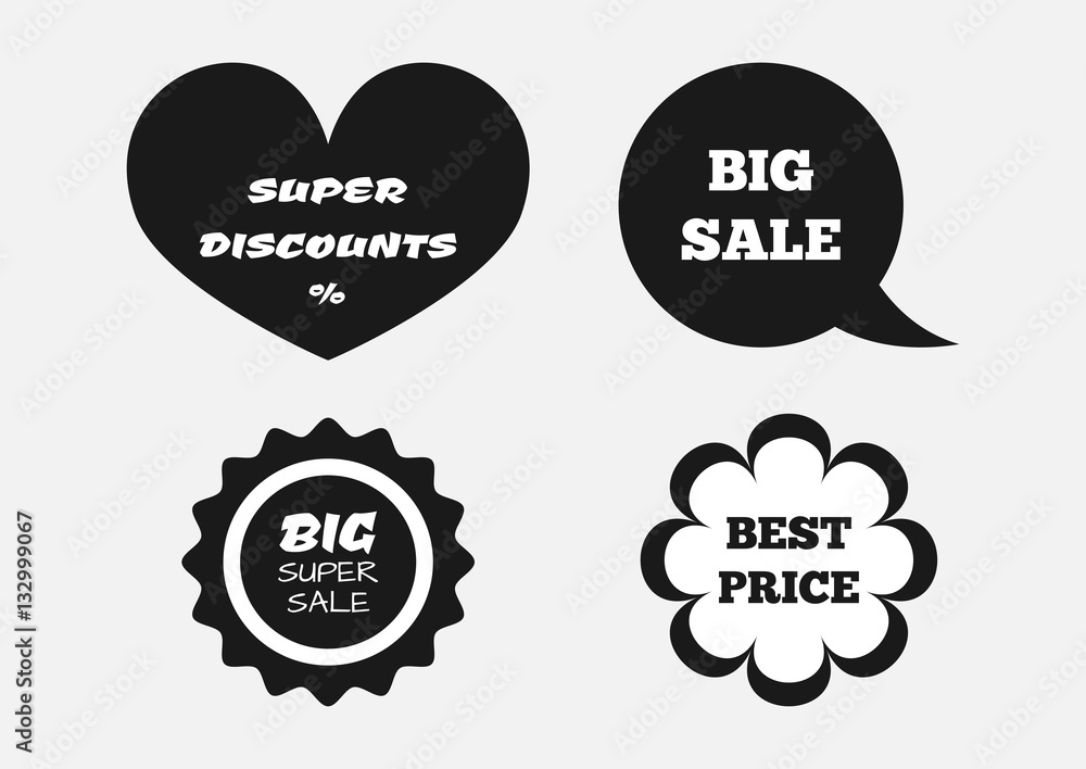A set of stickers with the text Super Discount, Big Sale, Best Price. Four isolated banner. White, black. A set of stickers with the text Super Discount, Big Sale, Best Price. Four isolated banner. White, black.