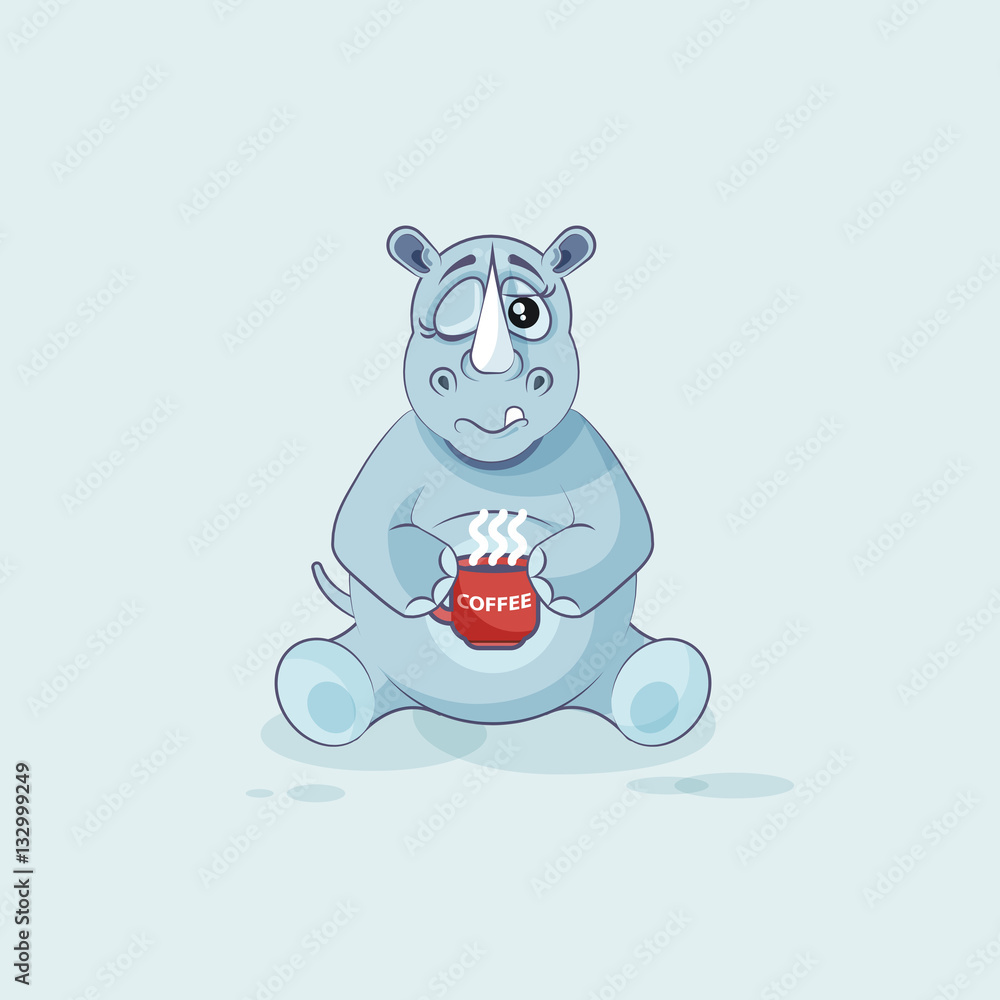 Fototapeta premium Illustration isolated emoji character cartoon rhinoceros just woke up with cup of coffee sticker emoticon