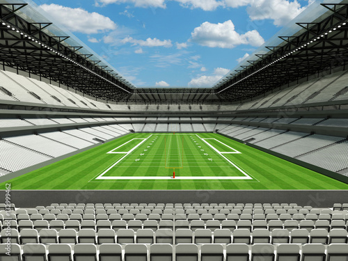 3D render of large American football stadium with white seats and open roof with VIP boxes