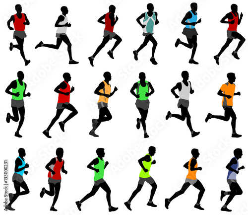 runners  in colored sportswear silhouettes - vector