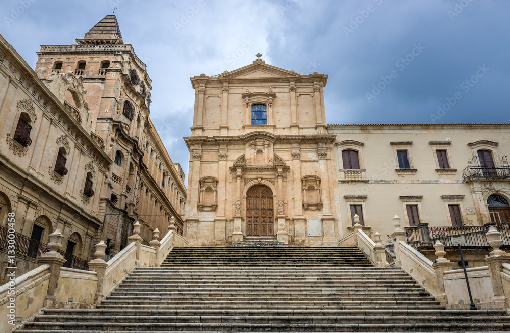 Stairs in front of Church of Saint Francis of Assisi in Noto city, Sicily in Italy