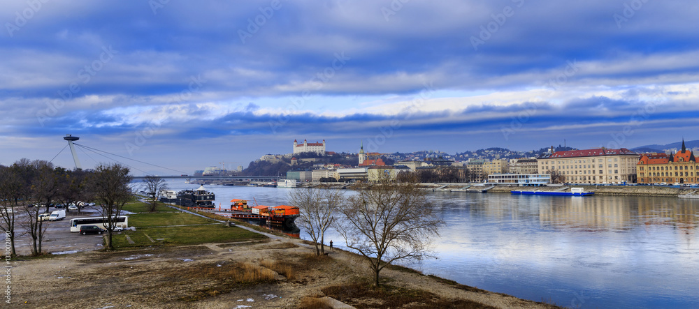 Bratislava castle, st. Martins church and Danube river, blue win Bratislava castle, st. Martins church and Danube river, blue win