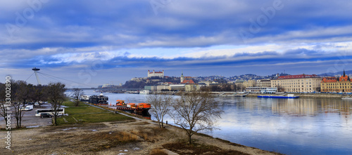 Bratislava castle, st. Martins church and Danube river, blue win