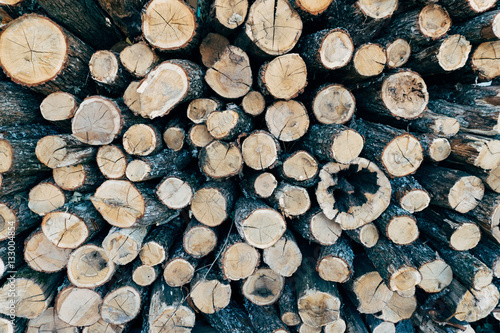Background of a big pile of wooden logs. Stock for the winter.