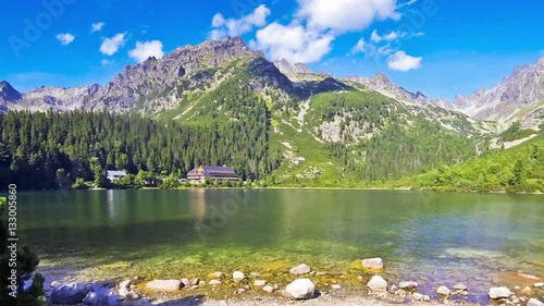 Picturesque summer view of Lake Popradske pleso in High Tatras, Slovakia. Time Lapse