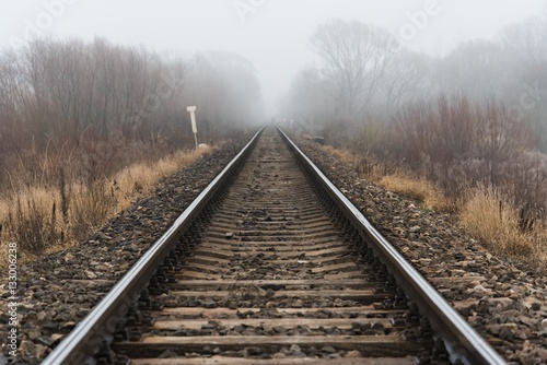 Empty railroad track going into a fog, outdoor landscape