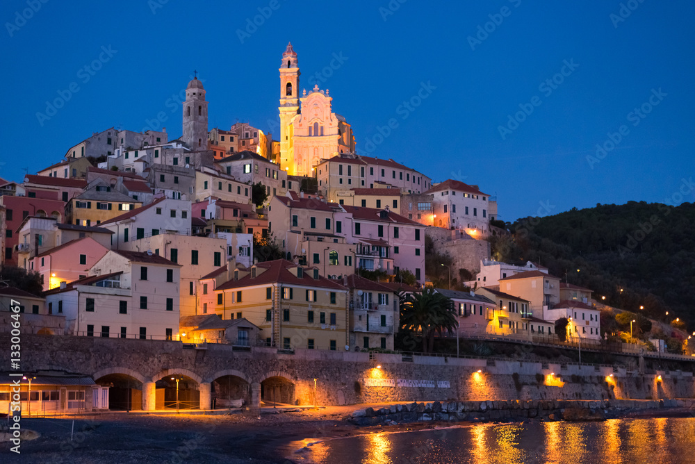 Starry sky and moonlight at glowing Cervo, Ligurian Riviera, Italy