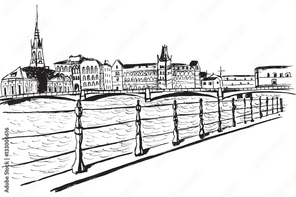 Panorama miasta Sztokholm. Rysunek ręcznie rysowany na białym tle.  - obrazy, fototapety, plakaty 