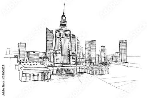 Panorama miasta Warszawa. Rysunek ręcznie rysowany czarnym piórkiem na białym tle. 