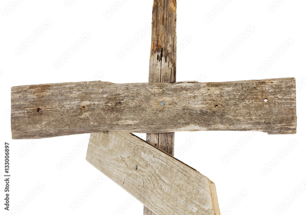 Fototapeta premium Closeup of top driftwood plank on a rough wooden signpost
