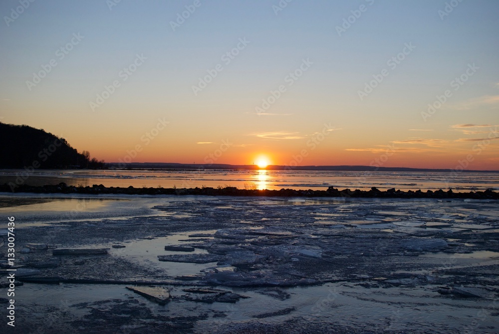 Sunset at Lake Balaton frozen