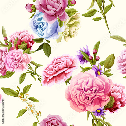 Carnations, Peony and roses buds with leaves. Different flowers. Seamless background pattern. Vector - stock.