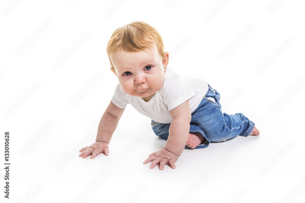 baby walk on knee on studio white background baby walk on knee on studio white background