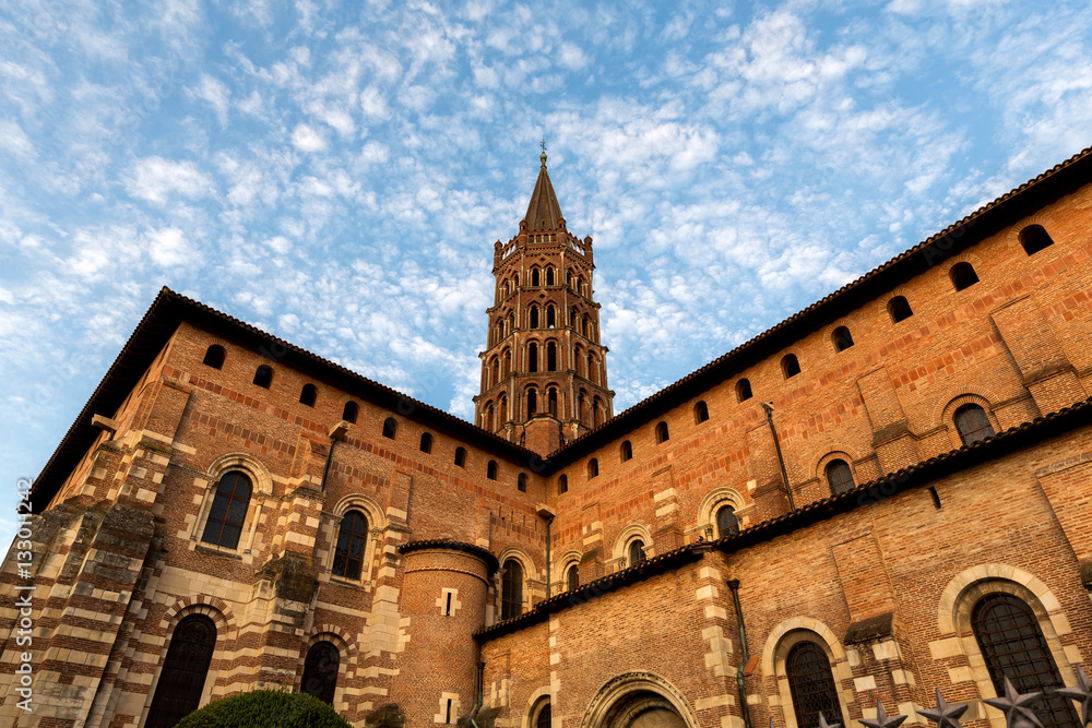 Saint-Sernin Basilica in Toulouse, France on a spring day. 