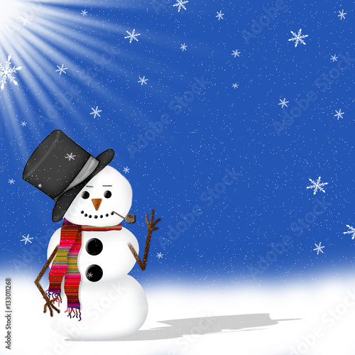 Snowman wearing a black tophat and its shadow with sun beaming down on him.  Blue sky with snow flakes. © MightyBlue