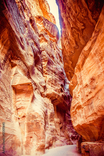 Main entrance to ancient city of Petra through the gorge rocks. Wadi Rum