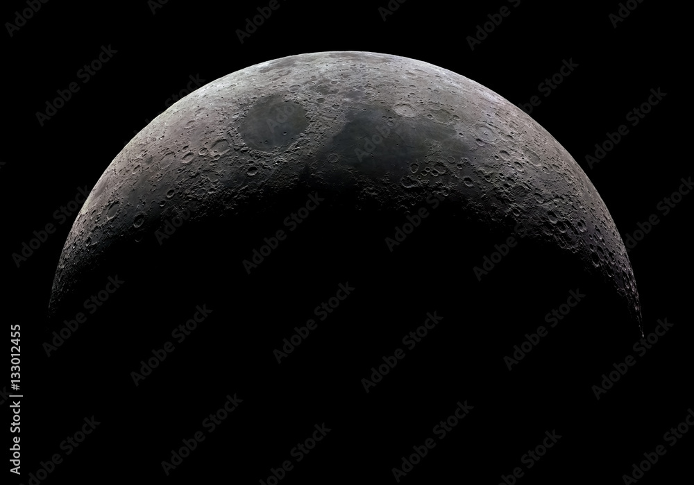 High detail 32 panel mosaic of the waxing crescent moon taken at 2.700mm focal length. - obrazy, fototapety, plakaty 