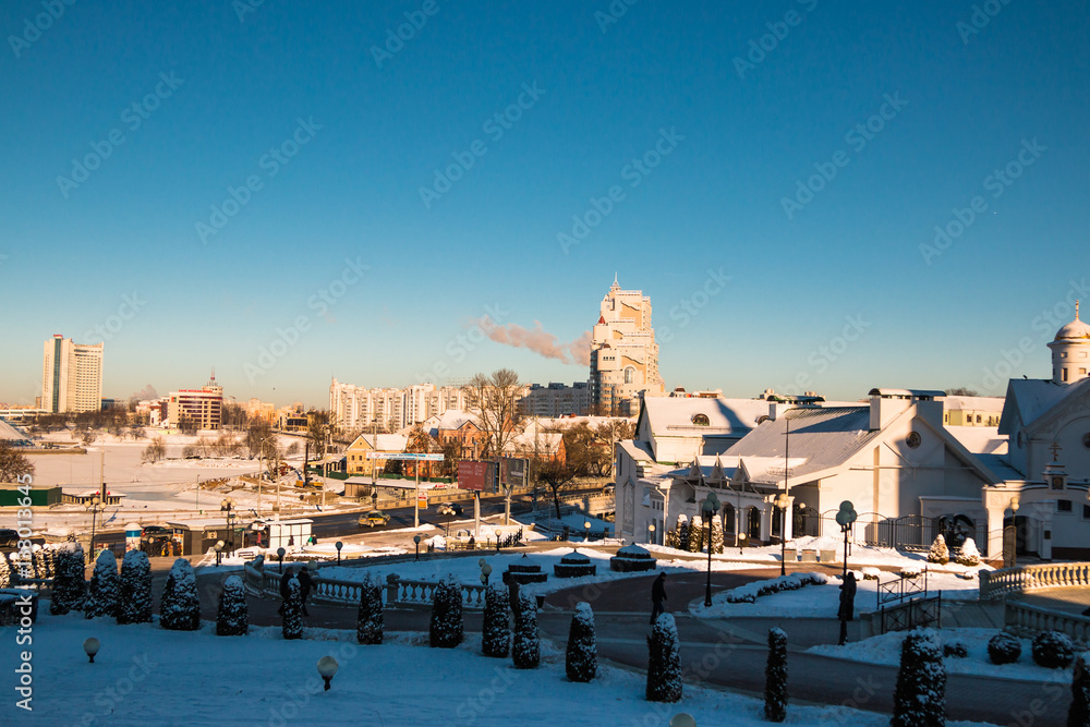 Fototapeta premium The city center of Minsk. City landscape. Skyscrapers. Nemiga. Winter. Snow. 