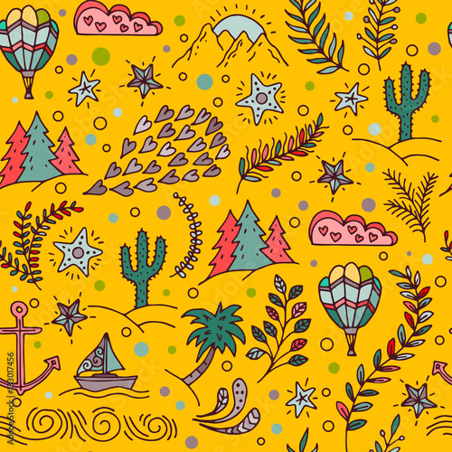 seamless pattern with cactus  palm trees  ship anchor
