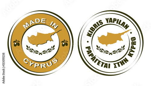 Round labels "Made in Cyprus" with flag and olives icon