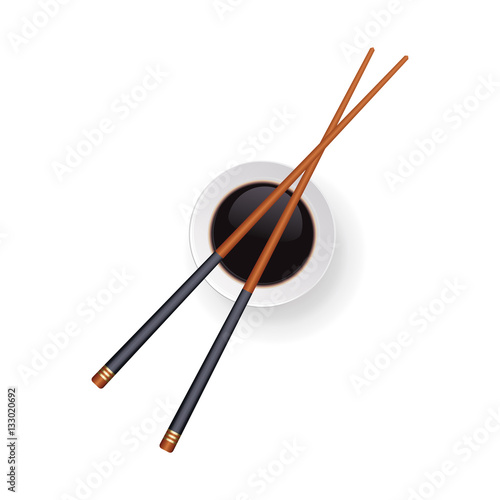 Japanese chopsticks sushi and soy sauce in a bowl. Top view. Vec