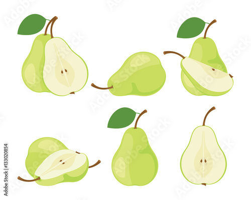 Pears. Cut green pear fruits. Collection of vector illustrations