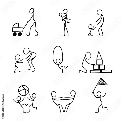 Cartoon icons set of sketch little people in cute miniature scenes.