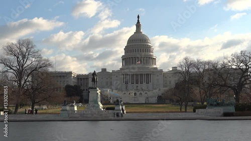 US Capitol view from Reflecting Pool on cloudy sky background timelapse