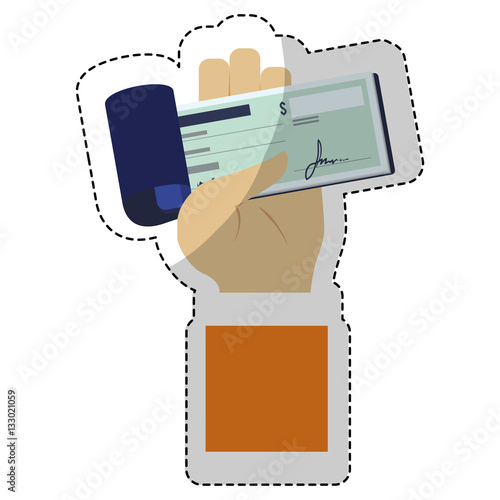hand with checkbook icon over white background. mobile payments concept. colorful design. vector illustration