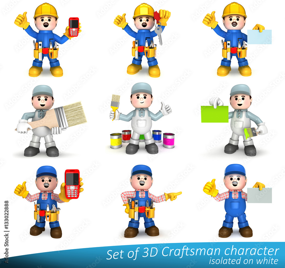 Set of 3D characters of a craftsman in various construction jobs. High quality 3D. Lovable mascots can be used as great presentation of construction craft and handyman companies. 