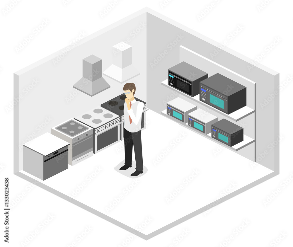 Isometric flat 3D concept vector cutaway interior household equipment store Isometric flat 3D concept vector cutaway interior household equipment store