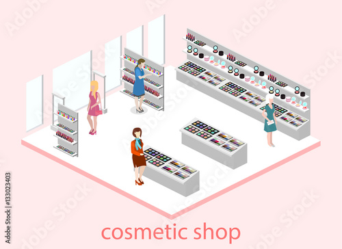 Isometric flat 3D isolated vector interior cosmetics shop