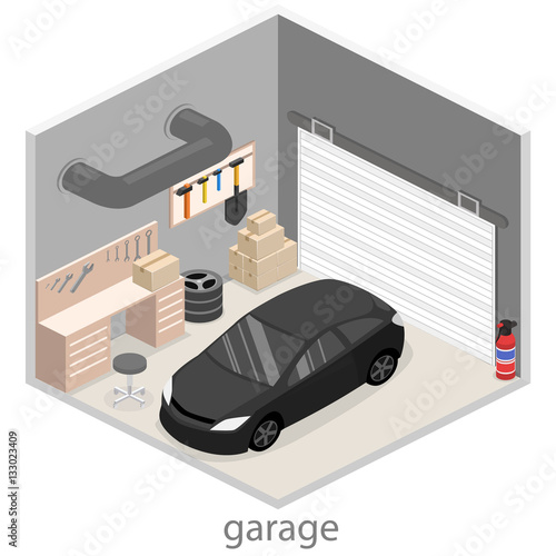 Isometric flat 3D vector interior working place in garage.
