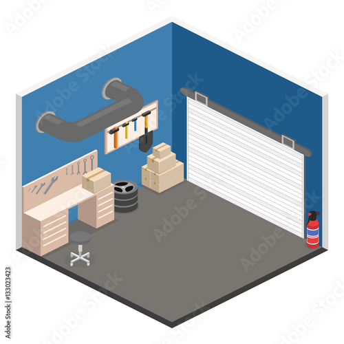 Isometric flat 3D vector interior working place in garage.
