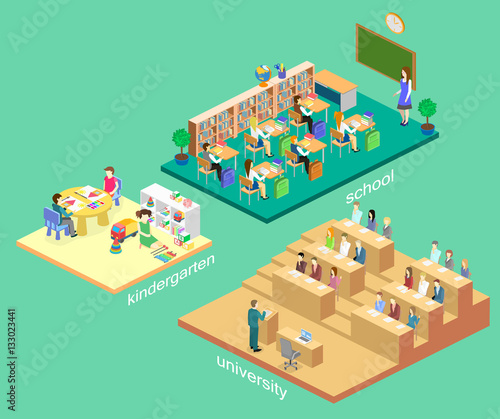 Isometric interior kindergarten, school, university auditorium. education system.
