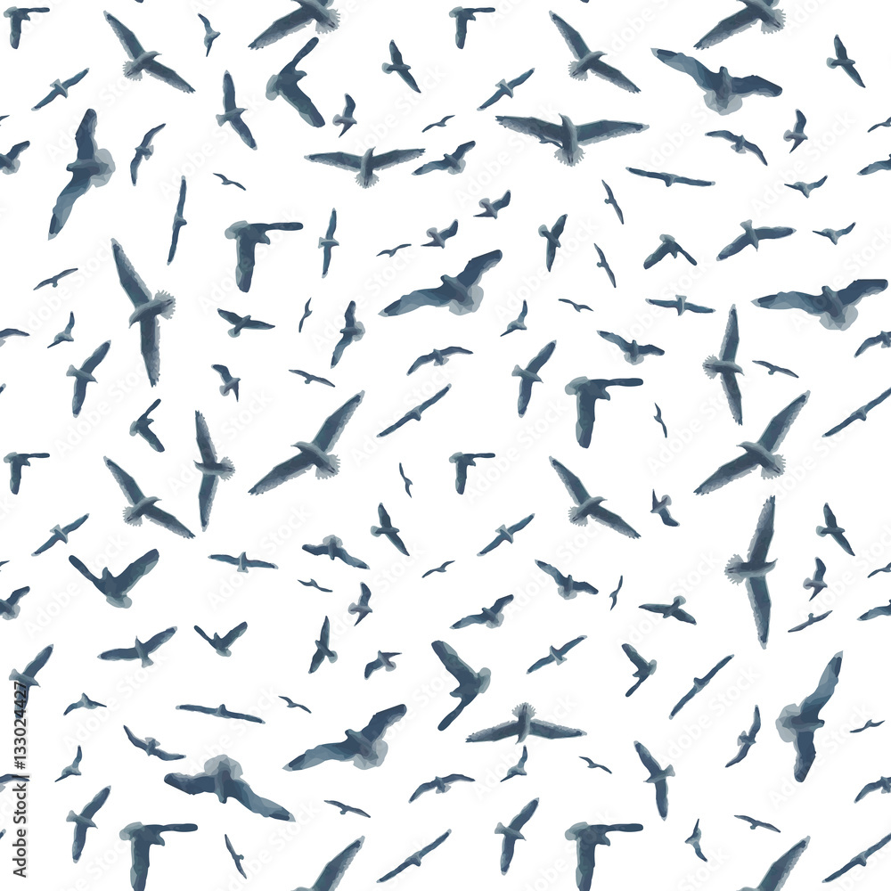 Obraz premium gray silhouette flying birds seagull on isolated white background, pattern seamless vector