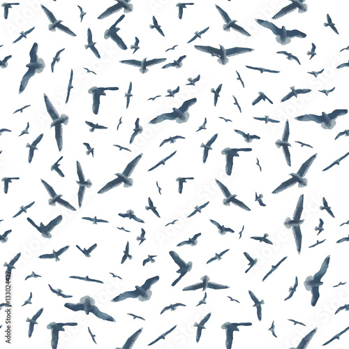gray silhouette flying birds seagull on isolated white background, pattern seamless vector