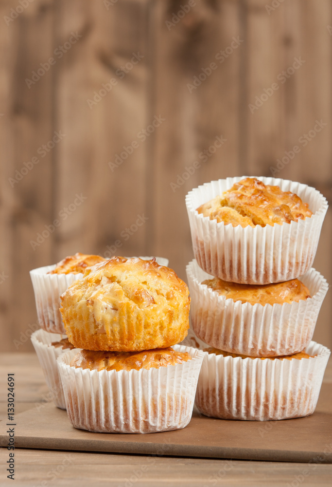 Homebaked Ham And Cheese Muffins In Paper Cases. Homebaked Ham And Cheese Muffins In Paper Cases.