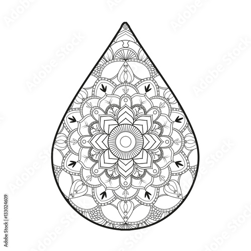 Vector illustration of a drop mandala for coloring book, goccia mandala in bianco e nero vettoriale da colorare