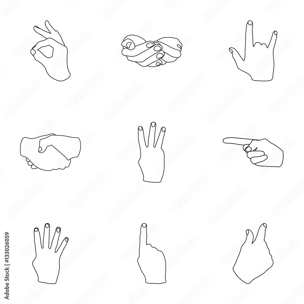 Hand gestures set icons in outline style. Big collection of hand ...