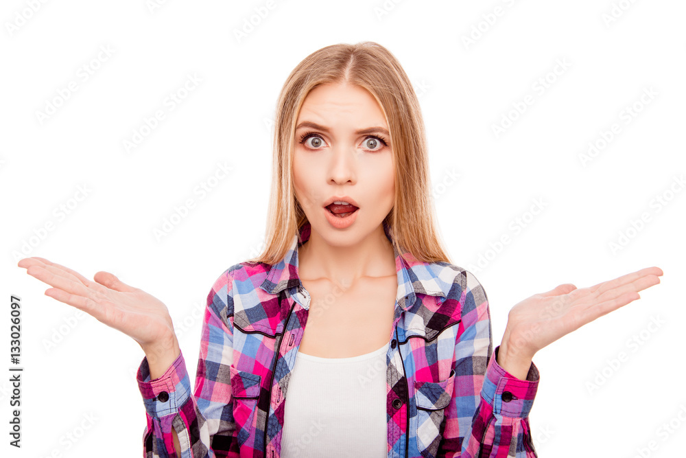 Shocked woman with open mouth gesturing with hands Shocked woman with open mouth gesturing with hands