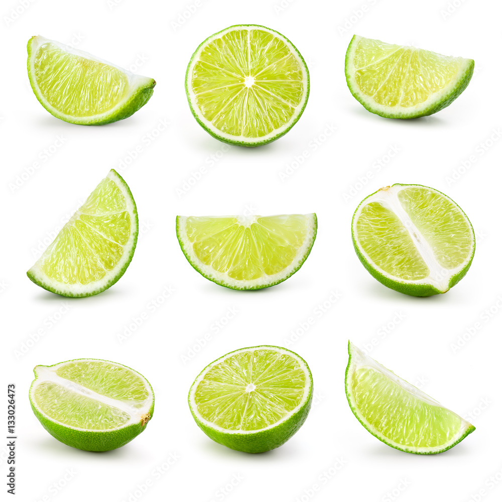 Lime. Fresh fruit isolated on white background. Slice, piece, ha