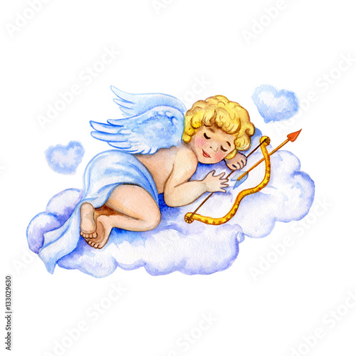 watercolor Saint Valentines card template. Cute little cupid sleeping on weightless cloud with hearts holding bow and arrow. Feast of Saint Valentine advertising element for web and print. Add text