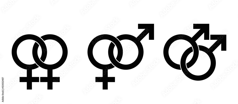 Gender identity symbols based on astrological symbols, Mars for male, Venus for female. Interlocked signs for heterosexuality, female and male homosexuality. Illustration on white background. Vector. Gender identity symbols based on astrological symbols, Mars for male, Venus for female. Interlocked signs for heterosexuality, female and male homosexuality. Illustration on white background. Vector.