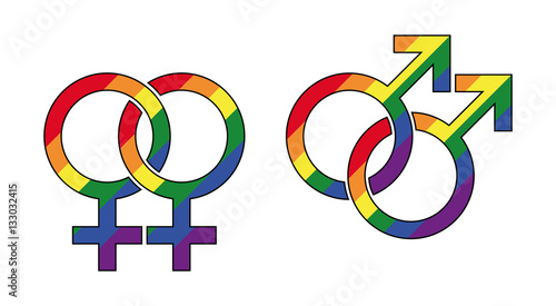 Gay male and lesbian symbol with rainbow colors. Interlocked gender identity symbols. Mars for male, Venus for female homosexuality. Signs in LGBT flag colors. Illustration on white background. Vector